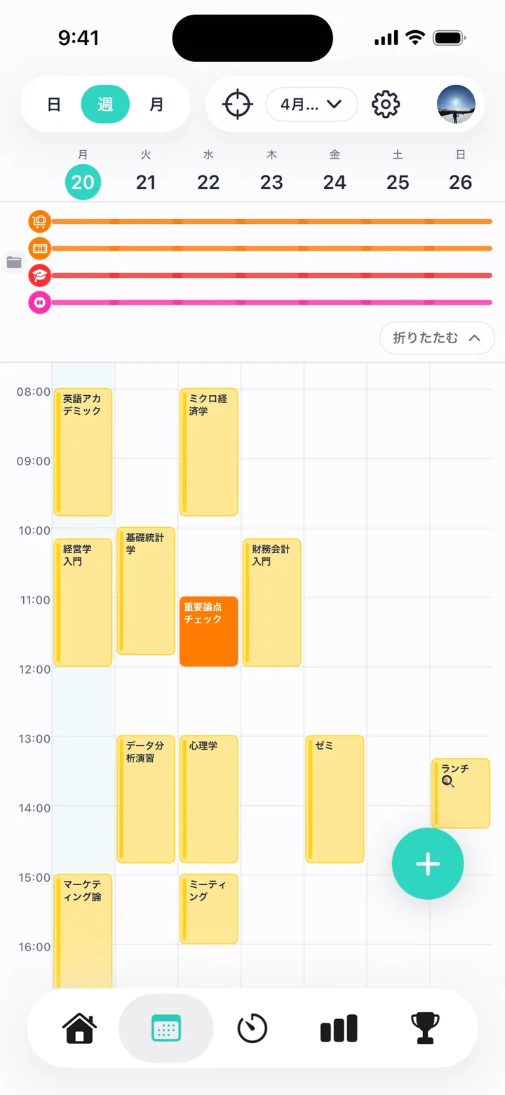 Predy calendar screen with tasks placed into a weekly schedule